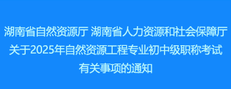 湖南省自然资源厅 湖南省人力资源和社会保障厅关于2025年自然资源工程专业初中级职称考试有关事项的通知