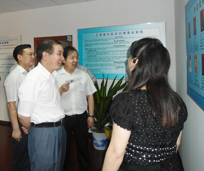 图2：杨维刚副主席在开福区东风路街道王家垅社区视察协会组织建设情况